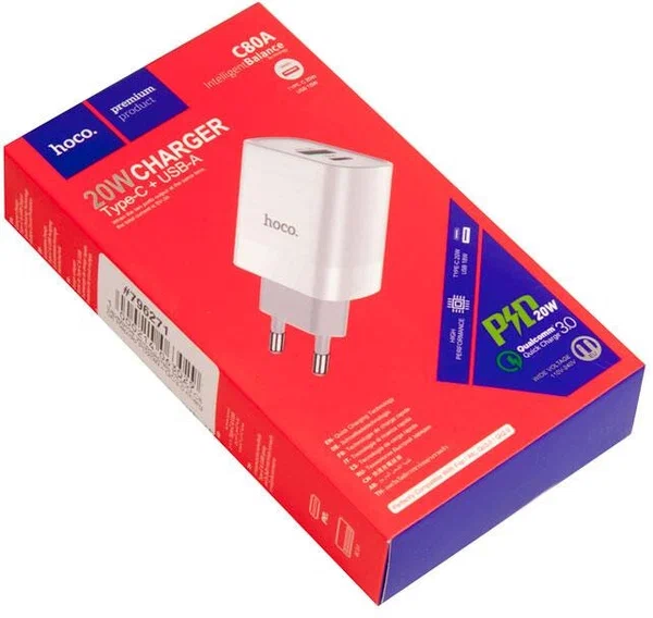 СЗУ Hoco C80A Plus 20W 2 разъема USB / Type-C