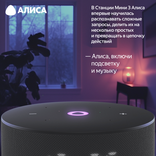 Умная колонка Яндекс Станция Мини 3 с Алисой, чёрный, 12Вт