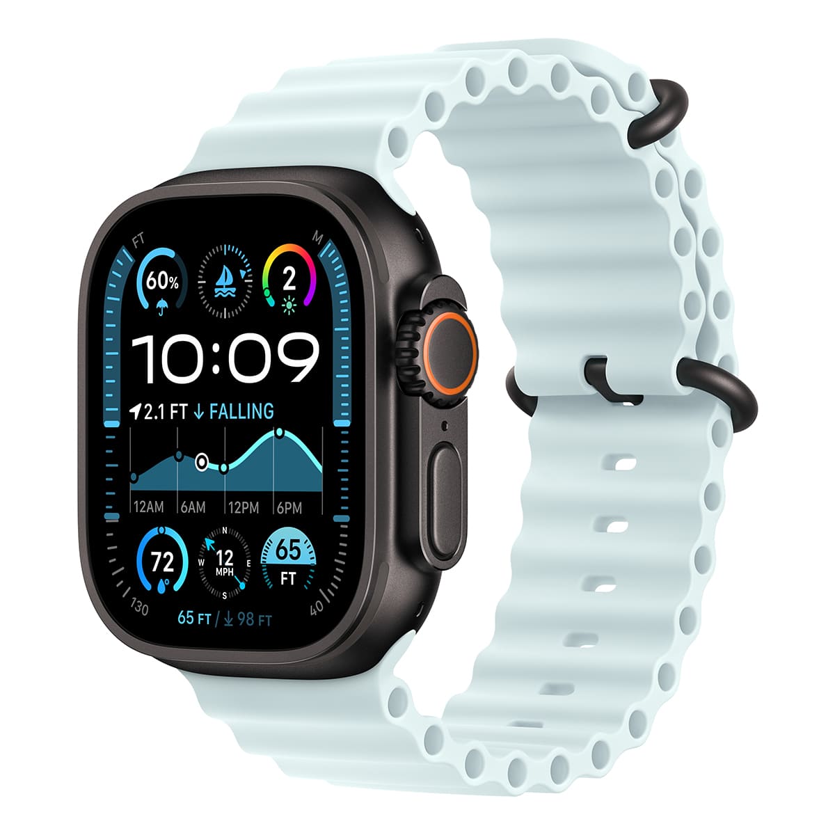 Купить apple watch ultra 2 (2024), 49 мм корпус из титана цвета «black», ремешок ocean band цвета «ice blue» с доставкой