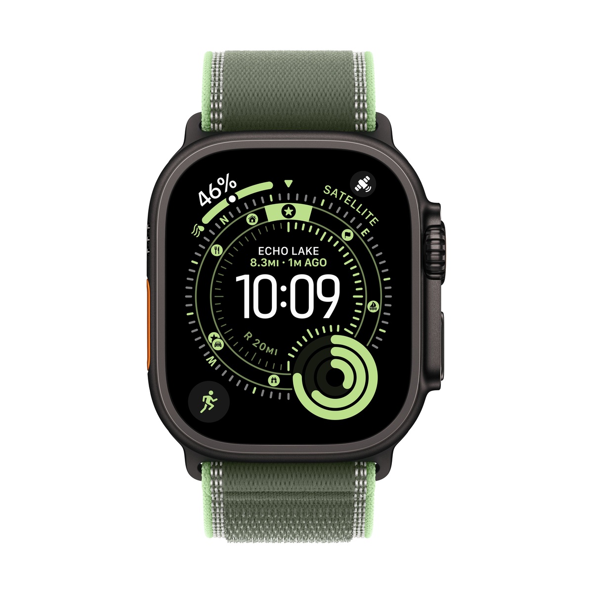 Apple Watch Ultra 3 (2025), 49 мм корпус из титана цвета «Black», ремешок Trail Loop размера S/M цвета «Green/Neon»