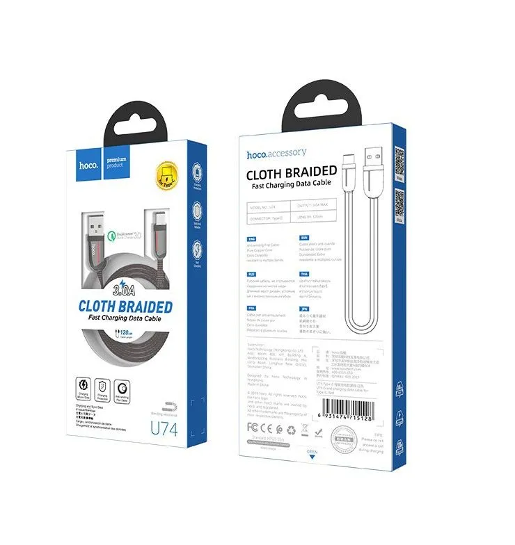 Купить кабель type-c hoco u74 3а 1.2m ткань с доставкой по России