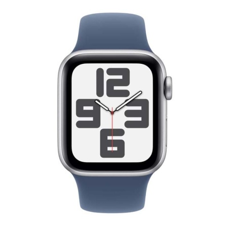 Купить apple watch se (2024), 44 мм корпус из алюминия цвета «silver», ремешок sport band размера s/m цвета «denim» с доставкой