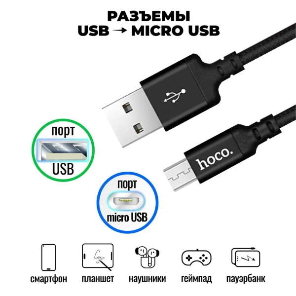 Купить кабель microusb hoco x14 3a 2m ткань с доставкой