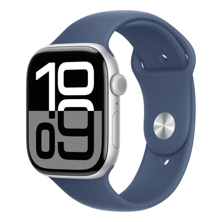 Купить apple watch series 10, 46 мм корпус из алюминия цвета «silver», ремешок sport band размера m/l цвета «denim» с доставкой