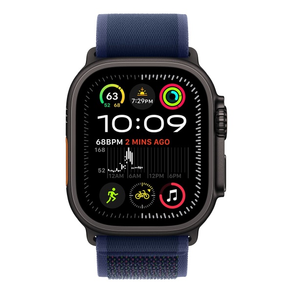 Купить apple watch ultra 2 (2024), 49 мм корпус из титана цвета «black», ремешок trail loop размера s/m цвета «blue» с доставкой