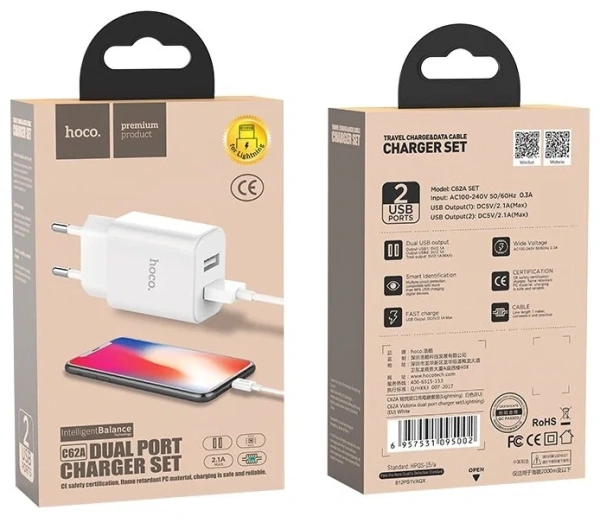 Купить комплект сзу hoco c62a 10.5w 2 разъема + кабель lightning с доставкой по России
