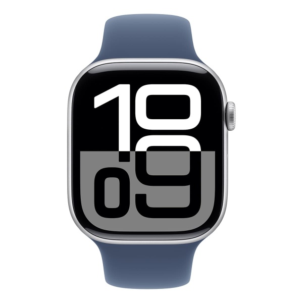 Купить apple watch series 10, 46 мм корпус из алюминия цвета «silver», ремешок sport band размера m/l цвета «denim» с доставкой