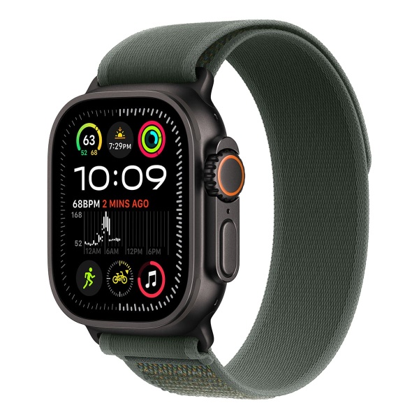 Apple Watch Ultra 2 (2024), 49 мм корпус из титана цвета «Black», ремешок Trail Loop размера S/M цвета «Green»