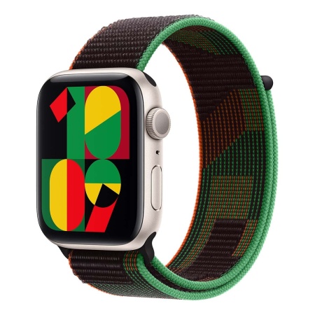 Купить apple watch se (2024), 44 мм корпус из алюминия цвета «starlight», ремешок sport loop цвета «black unity» с доставкой